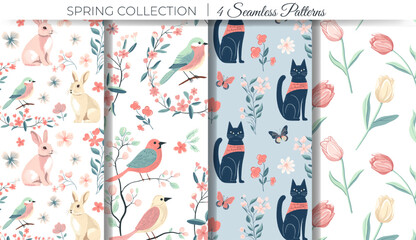 Set of spring backgrounds with bunny, cat and birds. Spring seamless pattern. Easter ornaments