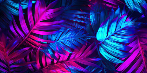 Background with tinted pink and blue palm leaves - obrazy, fototapety, plakaty
