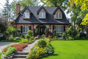 Colonial style brick family house exterior with black roof tiles. Beautiful front yard with lawn and flower bed.
