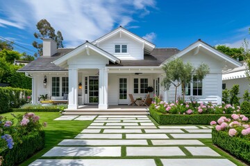 Colonial style white wooden cladding family house exterior. Beautiful front yard landscaping design with lawn and flower bed. - obrazy, fototapety, plakaty