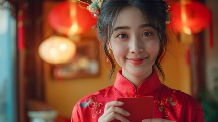 Vibrant celebration as a girl in a red dress welcomes the Chinese New Year with joy. Festive imagery radiating warmth and cultural richness. Ideal for diverse visual projects.