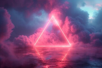 powerful sky view landscape with pink and blue clouds at sunset, purple red triangle icon on 