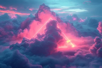Foto op Plexiglas powerful sky view landscape with pink and blue clouds at sunset, purple red triangle icon on  © aledesun