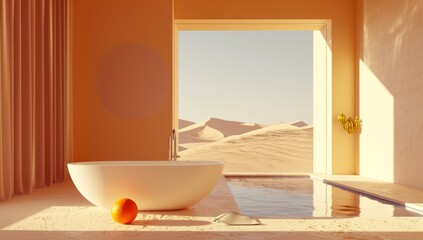 abstract landscape on a bathroom room, minimal style and furniture, alarge window and the desert outside, peace and calm pink and beige color palette