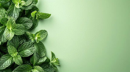 Fresh Mint Leaves on the Left Border Against a Light Green Backgroud, Space For Copy Space. Refreshing Ingredient