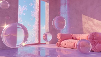 an empty interior  living room with shining bubbles ,calm and magical scenery, pink purple color palette pattern