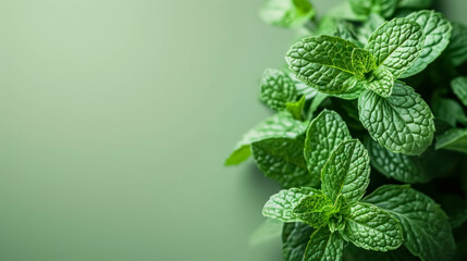 Fresh Mint Leaves on the Right Border Against a Light Green Backgroud, Space For Copy Space. Refreshing Ingredient - obrazy, fototapety, plakaty