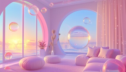an empty interior  living room with shining bubbles ,calm and magical scenery, pink color palette pattern