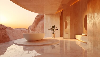 abstract landscape on a bathroom room, minimal style and furniture, alarge window and the desert outside, peace and calm pink and beige color palette