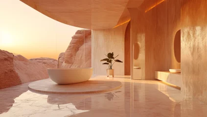 Muurstickers abstract landscape on a bathroom room, minimal style and furniture, alarge window and the desert outside, peace and calm pink and beige color palette © aledesun