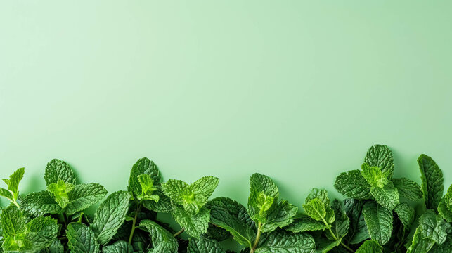Fresh Mint Leaves on the Bottom Border Against a Light Green Backgroud, Space For Copy Space. Refreshing Ingredient