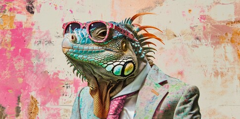glamorous portrait of a cool iguana elegant dressed, jacket and cool glasses,