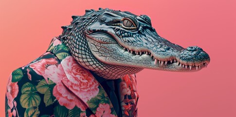 pop art style portrait studio of a lizard face dressed with an elegant flower jacket, pink minimal...
