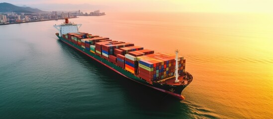The ship carries a full load of container goods. concept of export import logistics, shipping and transportation.