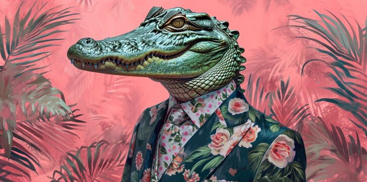 pop art style portrait studio of a lizard face dressed with an elegant flower jacket, pink minimal background