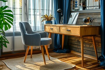 Cozy home workplace with wooden drawer writing desk and fabric chair. Interior design of modern Scandinavian home office