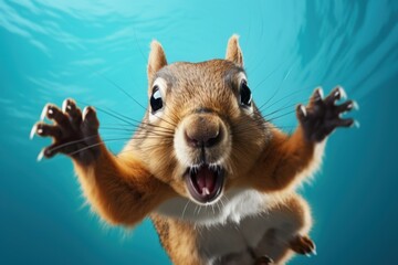 Happy squirrel jumping and having fun. - obrazy, fototapety, plakaty