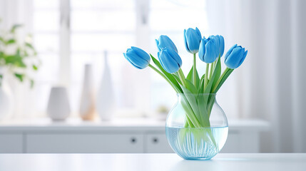 Blue tulips in a glass vase - obrazy, fototapety, plakaty