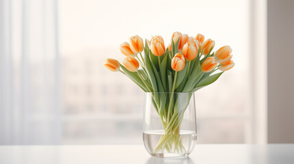 Orange and white tulips in a glass vase