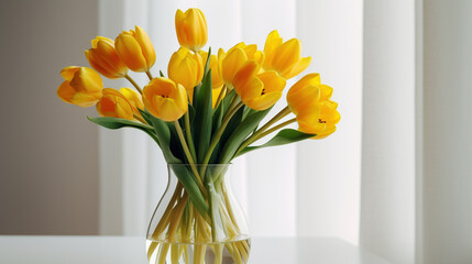 Yellow tulips in a glass vase - obrazy, fototapety, plakaty