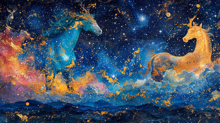 Fototapeta na wymiar A celestial constellation map showcasing the mythical figures of the zodiac, each with its unique creature, intertwining the beauty of the night sky with legendary symbolism.