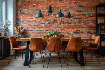 Dining table and chairs near terra cotta brick wall. Eclectic or bohemian style interior design of modern dining room - obrazy, fototapety, plakaty