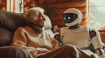 Emotional Support, Elderly Woman Sharing Stories with Humanoid Robot - obrazy, fototapety, plakaty
