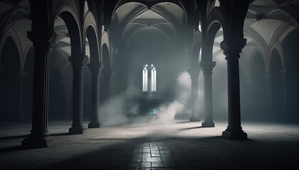 abstract renaissance empty big hall dark gothic light and smoke room minimalist background, Ai...
