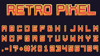 Retro pixel game font. Arcade game 16-bit 3D pixel letters and numbers. Old school video game vector symbols set. - obrazy, fototapety, plakaty