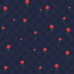 Roses pixel art style seamless fashion trend romantic pattern fabric textures, pixel art vector illustration. Design for women's day, greeting card, web and mobile app.
