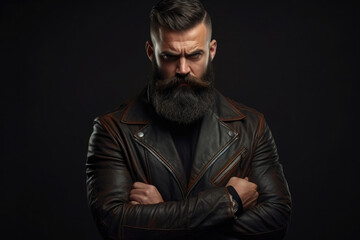 Obraz premium an angry bearded man looks from under his forehead, folds his hands on his chest