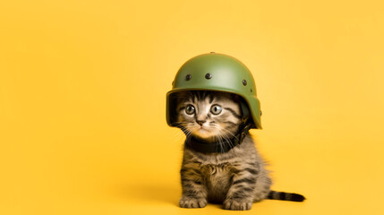 Close-up of a cat in a military helmet on a yellow background