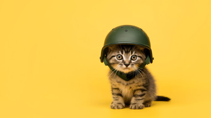 Close-up of a cat in a military helmet on a yellow background