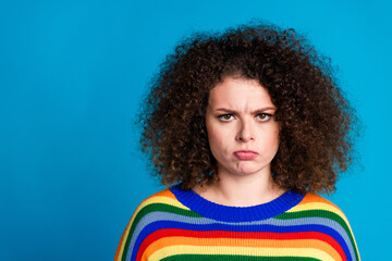 Photo portrait of lovely young lady moody frowning facial expression wear trendy rainbow print...