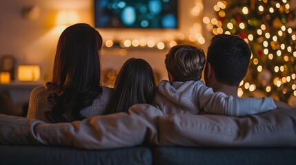 A family is sitting on a couch in a cozy living room, watching television with a Christmas tree in the background.