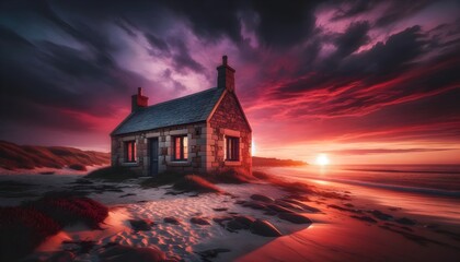 A photo-realistic image of a rustic stone coastal cottage on a sandy beach at sunset, deep red and purple sky.