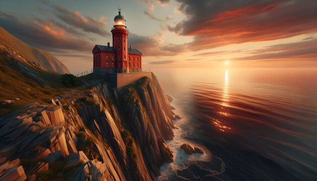 A photo-realistic image of a red brick lighthouse on a steep cliff, overlooking a calm ocean, sunset sky. 