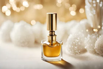 Fotobehang classy and delicate perfume presentation  , white sparkles and golden details © eric