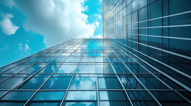 The image showcases a towering glass skyscraper extending into a clear blue sky with clouds reflected on its surface.