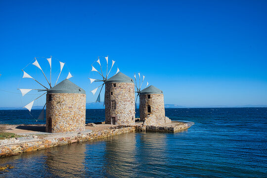 Greece island; Chios island historical  ancient windmills. Travel concept photo