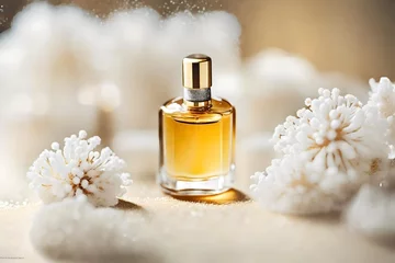 Fotobehang classy and delicate perfume presentation  , white sparkles and golden details © eric