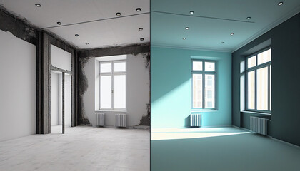 Apartment renovation, empty room before and after refurbishment or restoration minimalist background, Ai generated image. - obrazy, fototapety, plakaty