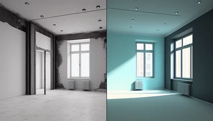 Fotobehang Apartment renovation, empty room before and after refurbishment or restoration minimalist background, Ai generated image. © Trendy Motion