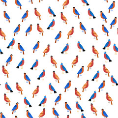 Pattern with Birds and flowers in flat style, Wild flowers, Stylized birds, stylized flowers, ornament, Children's pattern, Seamless, vector, print.