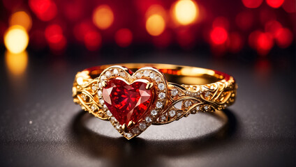 Beautiful gold ring with a red diamond in the shape of a heart