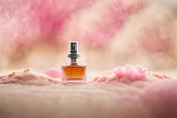 Fotobehang classy and delicate pink perfume presentation , pink dye pigments powder , feminine cosmetics © eric