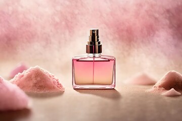 classy and delicate pink perfume presentation , pink dye pigments powder , feminine cosmetics