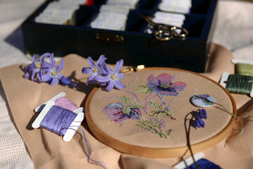 Purple cross stitch, hobby, embroidery frame, embroidery accessories, needlework, close-up, housewife, creativity