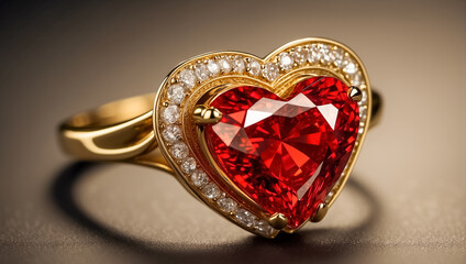 Beautiful gold ring with a red diamond in the shape of a heart jewellery