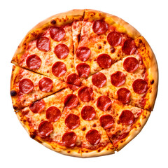 Pepperoni pizza top view isolated on transparent background